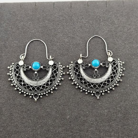 Silver Tone Chandelier Hoop Earrings Artesian Bohemian Hippie Cowgirl Glam - Picture 1 of 4